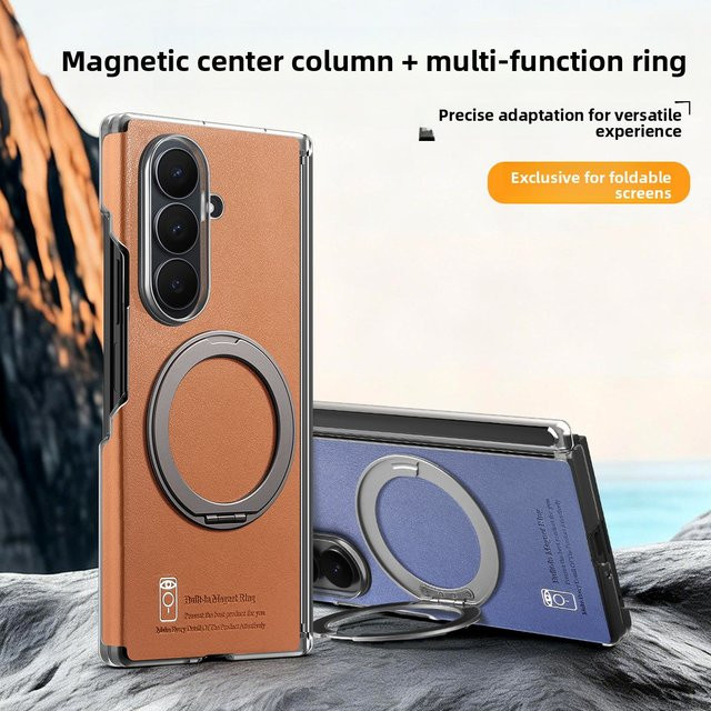 Magnetische Leder-Handyhülle für Samsung Galaxy Z Fold 7 6 5 4 mit 360 Grad drehbarem Scharnierschutz und MagSafe Kompatibilität in Braun - Bild 1