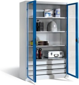 C+P Werkzeugschrank mit Sichtfenster-Drehtüren, 4 Böden und 3 Schubladen, Front Enzianblau, Korpus Lichtgrau, H: 195 cm, B: 93 cm, T: 50 cm - Bild 1