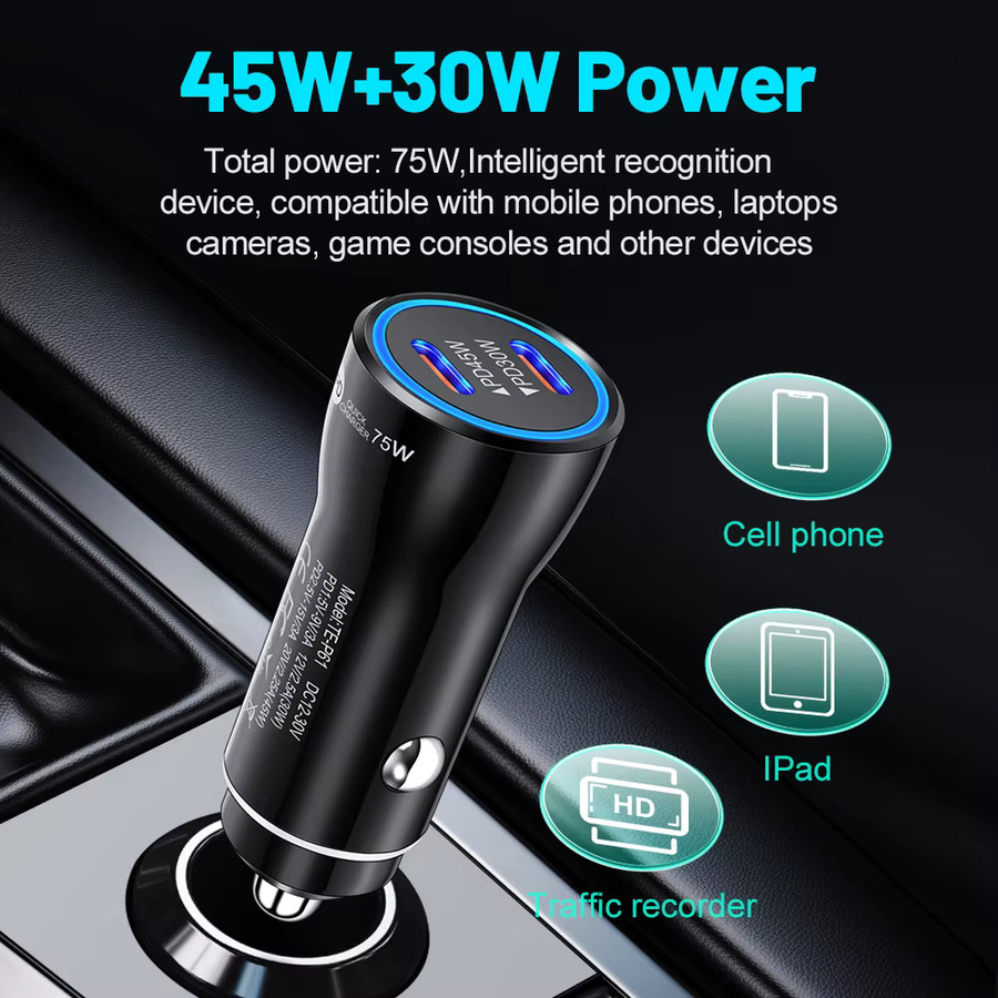 75W USB C Autoladegerät mit Dual Ports Typ C Schnellladeadapter in Schwarz für iPhone, Xiaomi und Samsung - Bild 3