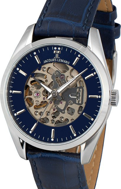 Jacques Lemans Armbanduhr Automatik, Edelstahl, Blau, Leder, 40 mm, Herren - Bild 1