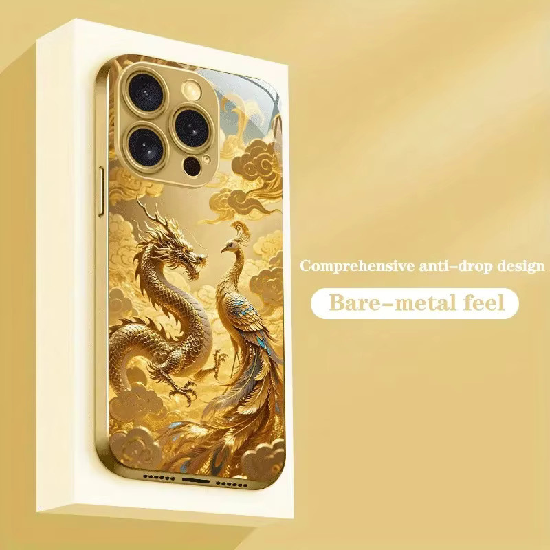 Handyhülle im chinesischen Loong Phoenix Stil aus gehärtetem Glas für Samsung Galaxy S25 Ultra, S24, S23 Plus, S25 FE und S23 Ultra in Gold - Bild 2