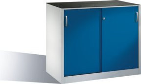 C + P Werkzeug-Beistellschrank Acurado mit Schiebetüren aus Stahl, Korpus Lichtgrau und Front Enzianblau, H 1000 x B 1200 x T 600 cm - Bild 1