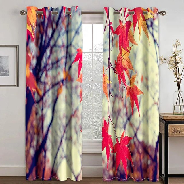 2-teiliges Set halbtransparente Vorhänge mit Herbstlandschaft-Print in Grün und Multicolour, Breite: 60 cm, Höhe: 60 cm - Bild 1