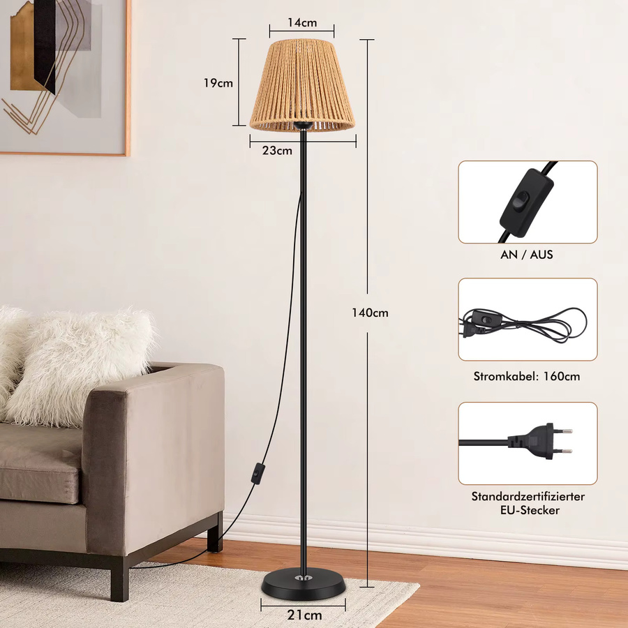 Oraymin Boho Rattan Stehlampe in Beige mit handgewebtem Lampenschirm, Höhe: 140 cm, E27 Fassung - Bild 3