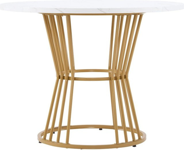 okwish Esstisch mit Marmormusterung und Metallrahmen, rund, Goldfarben und Weiß, B: 90 cm, T: 75 cm, H: 75 cm - Bild 1