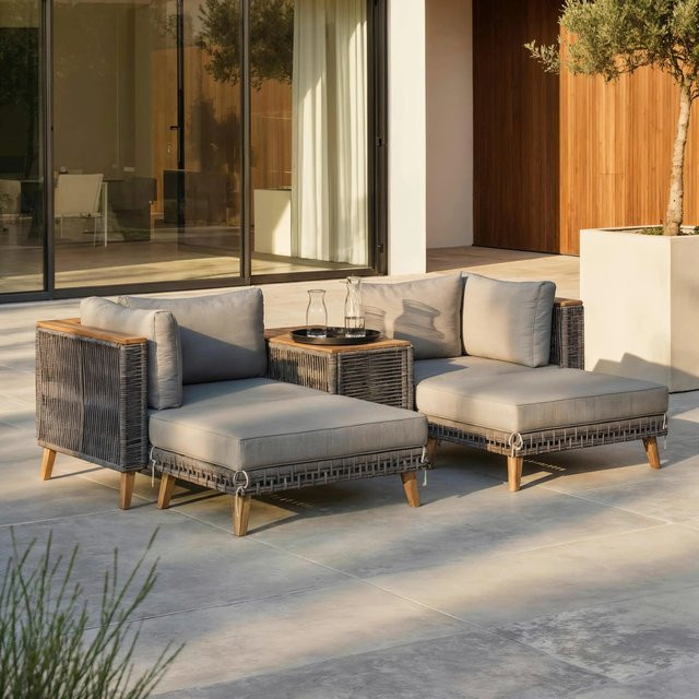 Bessagi Garden Loungegarnitur Marilou in Grau mit L-Form, Outdoorgewebe und Akazienholz inklusive Polstern und Couchtisch - Bild 1