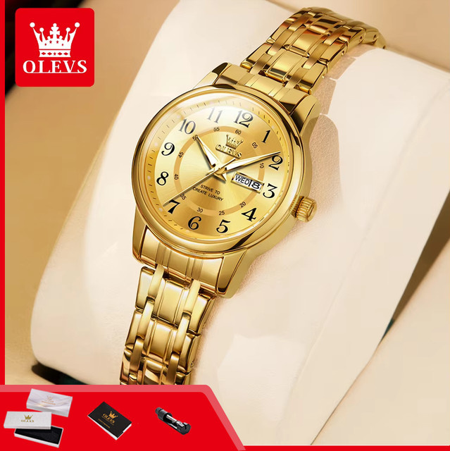 OLEVS Armbanduhr Quarz, Edelstahl, Gold, Damen, Datum, Wochentag - Bild 1