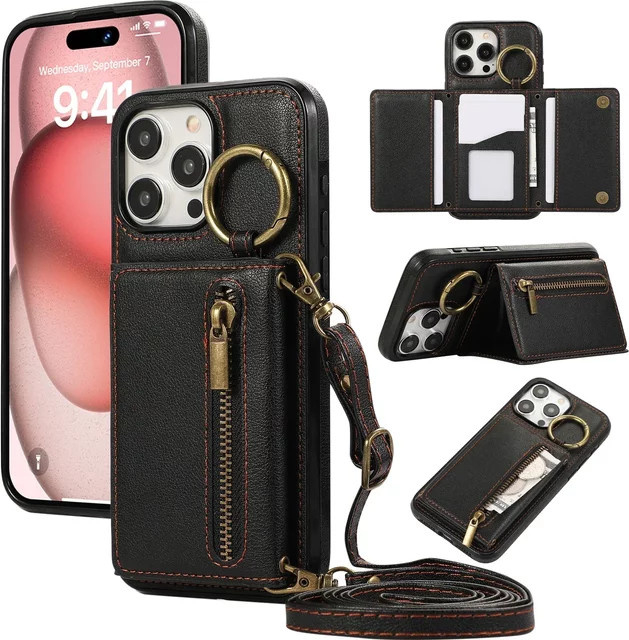 OLPAY Crossbody Brieftasche aus Leder mit Kartenhalter und Reißverschluss für iPhone in Gold - Bild 1
