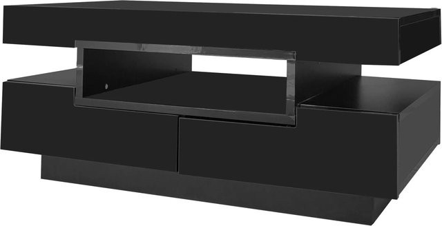Moderner Couchtisch PXloue in Schwarz mit Hochglanz-Finish, LED-Schubladen und offenen Fächern, B/T/H: 80 x 50 x 36 cm - Bild 1