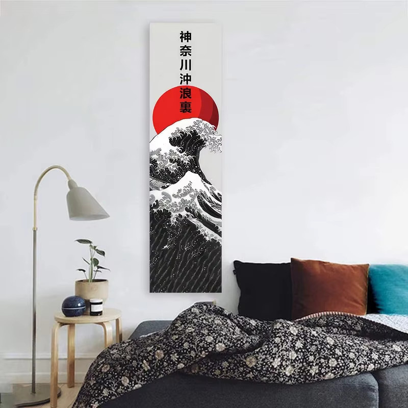 VIKAMA Wandteppich mit japanischen Meereswellen und roter Sonne in Rot und Multicolour, Boho Wandbehang mit Landschaftsmotiv für dein Zuhause - Bild 2