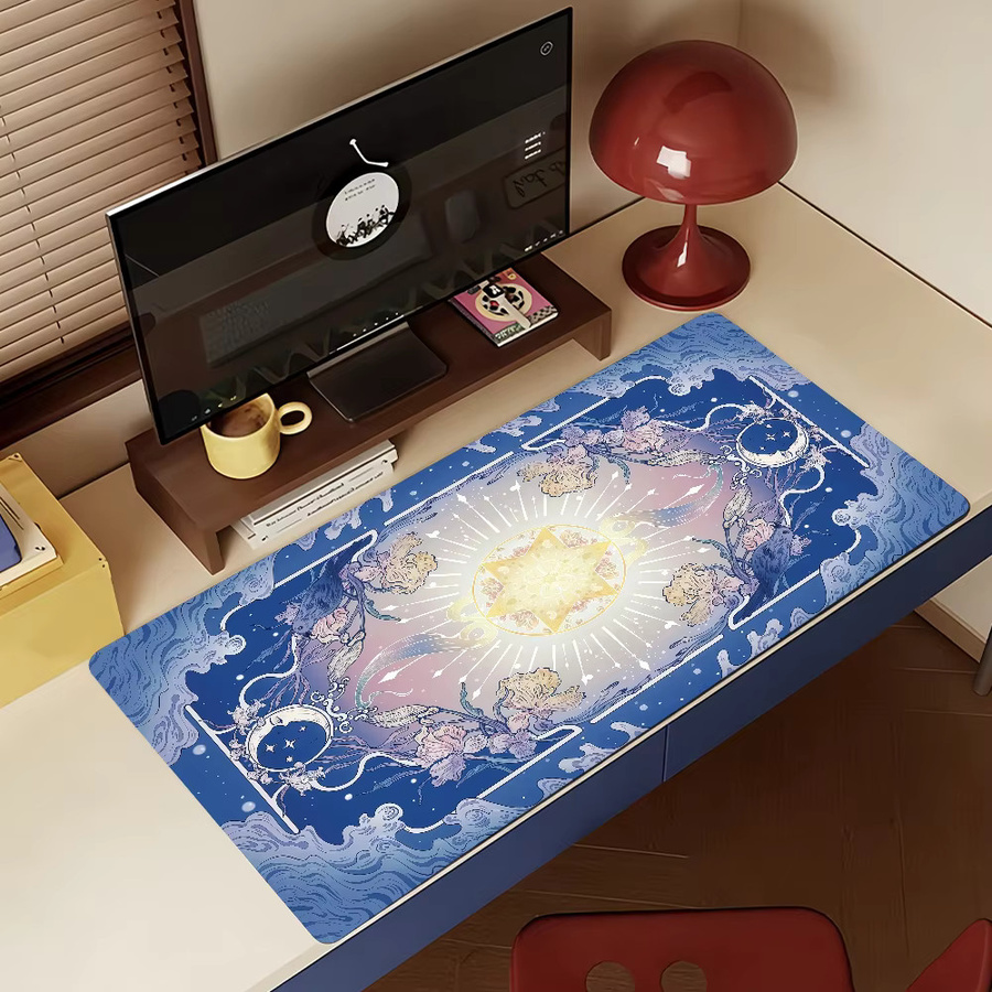 Großes Mauspad mit Sonne, Mond und Blumen in Blau für Büro und Gaming, rutschfest und wasserdicht - Bild 5