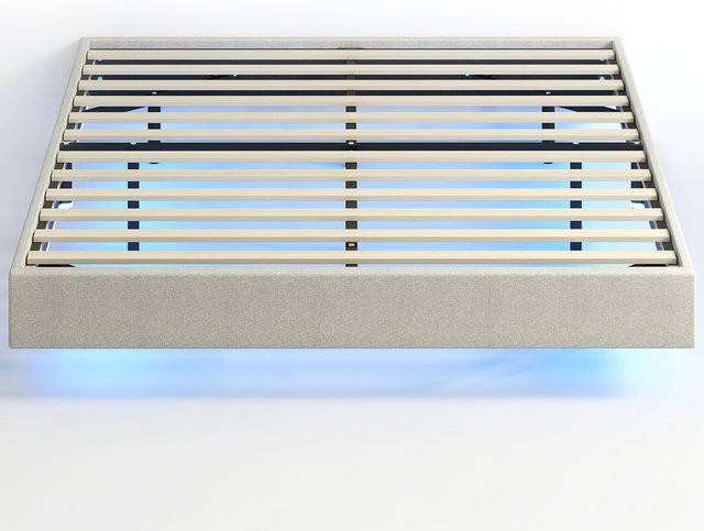 HOMCOM schwebendes Doppelbett mit LED-Beleuchtung und Stauraum, gepolstertes Bettgestell in Leinenoptik mit Holzlattenrost, Beige, B/T/H: 140 x 190 cm - Bild 1