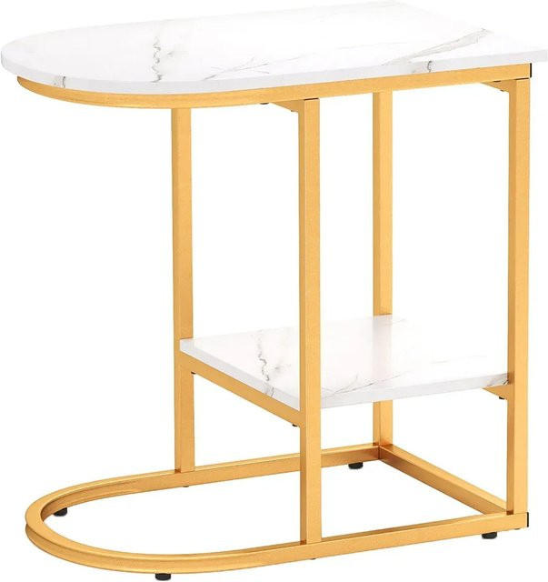 Costway Beistelltisch in Marmor-Optik mit 2 Etagen, Weiß-Gold, Oval, B/T/H: 60 x 40 x 40 cm - Bild 1