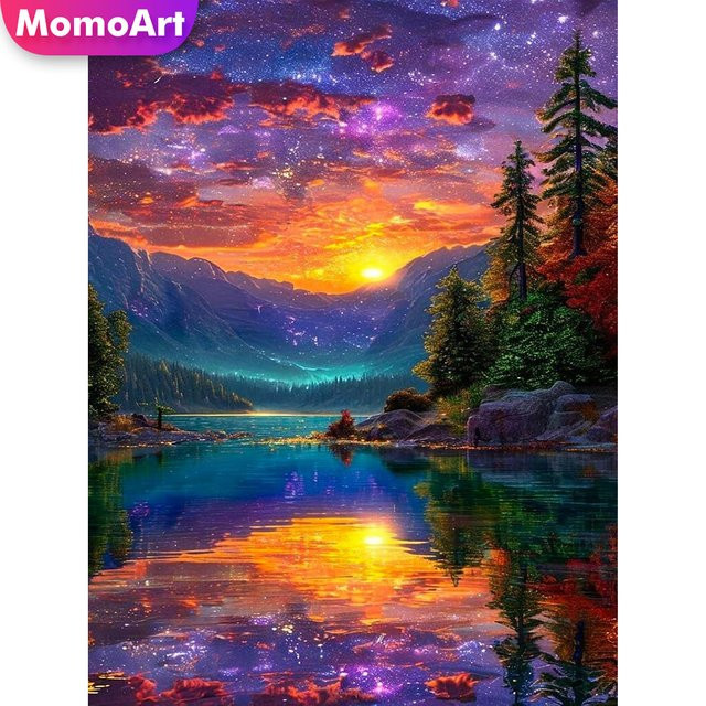 Momoart Diamant-Mosaik-Landschaft Sternenhimmel als Stickerei für Anfänger, Multicolour, B/H: 30,0 x 20,0 cm - Bild 1