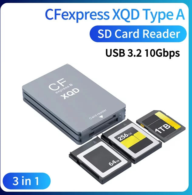 ALLOET 10-Gbit/s Kartenleser für CFexpress, XQD und SD mit USB-C-auf-USB-A/C Adapter, Grau - Bild 1