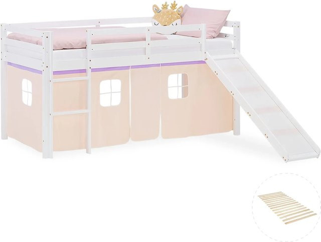 Homestyle4u Kinder Hochbett aus massivem Kiefernholz mit Rutsche und Vorhang in Lila Peach, B/T/H: 207,5 x 90 x 110 cm - Bild 1