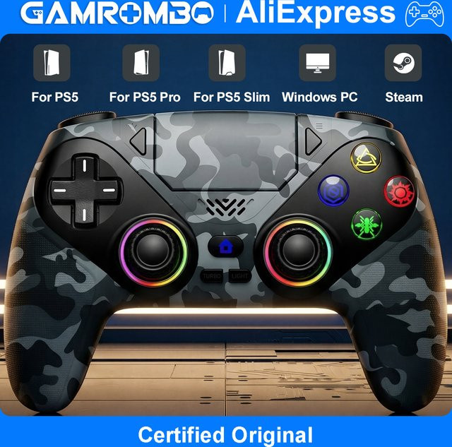 GAMROMBO Wireless Gamepad RGB Controller für PlayStation 5 PS5 Pro/Slim und PC, 6-Achsen-Gyro mit Turbo- und Makro-Funktion, Blau/Grau - Bild 1