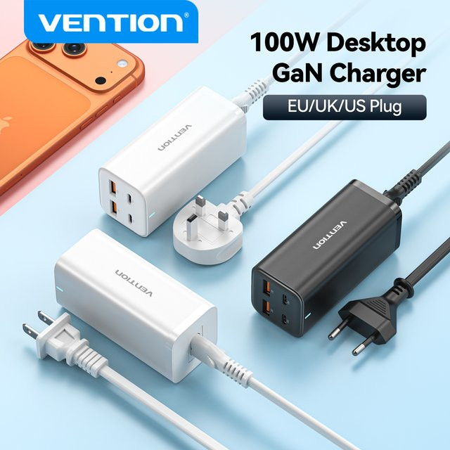 Vention 100W GaN Desktop-Ladegerät mit USB-C Schnellladeadapter für Laptop und Smartphone in Schwarz - Bild 1
