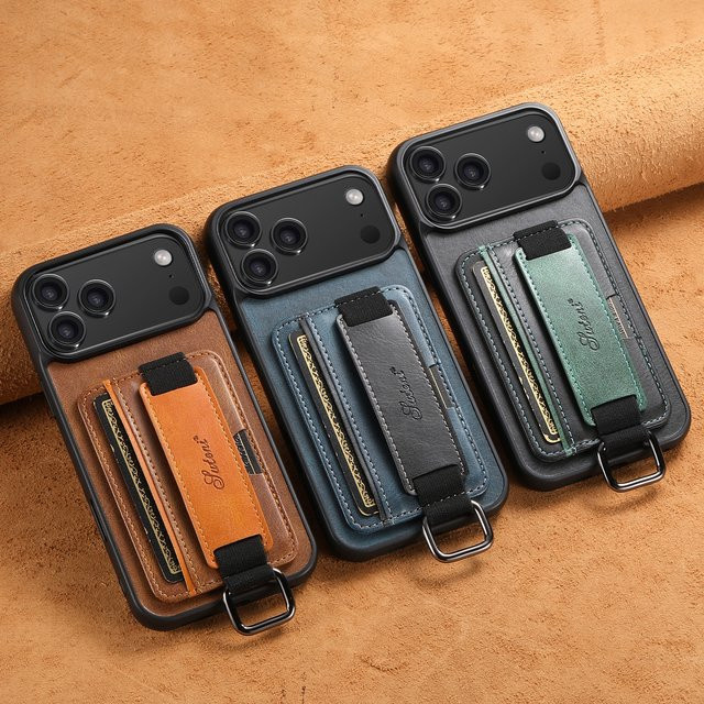 EUCAGR Handyhülle mit Handgelenkband, Ringverschluss und Kartenhalter aus Kunstleder für iPhone 17 Pro Max 16 Plus 15 14 13 12 Pro Max in Braun - Bild 1