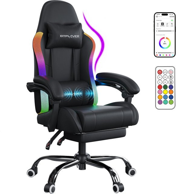 GTPLAYER Gaming Stuhl in Schwarz mit LED-Lichtleiste, Massagefunktion und Aufbewahrungstasche, ergonomischer Gaming Chair aus Kunstleder für Home Office und PC-Gaming - Bild 1