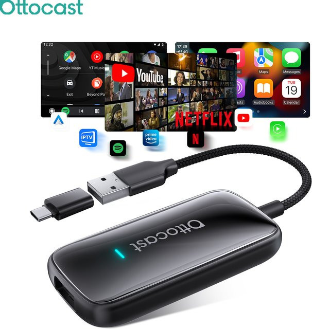 OTTOCAST Play2Video Ultra 3-in-1 AI Box Kabelloser CarPlay und Android Auto Adapter mit integriertem APP-Hub für YouTube, Netflix, IPTV und TikTok in Schwarz - Bild 1