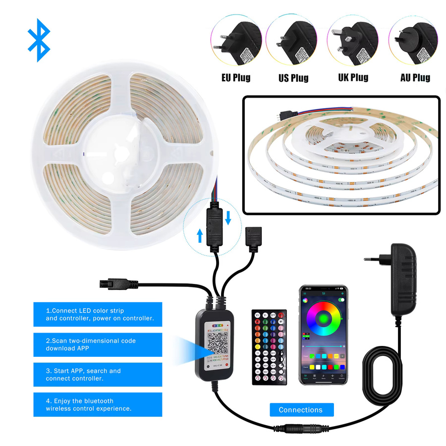 HEGEHE RGB COB LED-Streifen Set, Hochhelle punktlose Multicolour LED-Bänder mit 840 LEDs/m, 12V/24V, flexibel und zuschneidbar - Bild 4