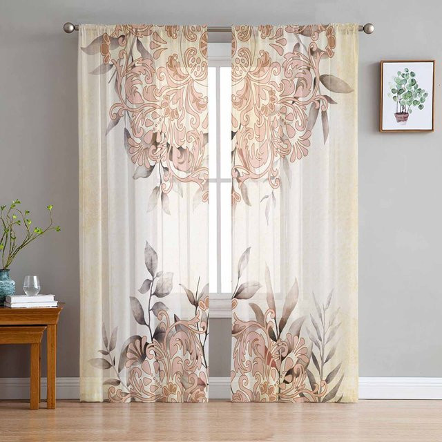 Super Six Chiffon-Fenstervorhang mit persischem Aquarell-Blattmuster in Weiß und Multicolour, B: 135 cm, H: 114 cm - Bild 1