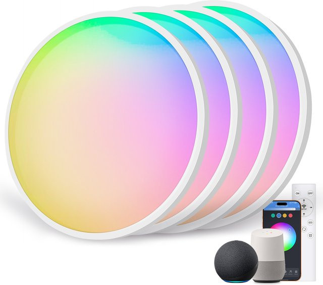 4er-Set Oraymin RGB Smart LED Deckenleuchten in Weiß, Durchmesser: 30 cm, 24W, dimmbar mit Fernbedienung, Alexa-kompatibel, IP54, rund für Wohnzimmer und Schlafzimmer - Bild 1