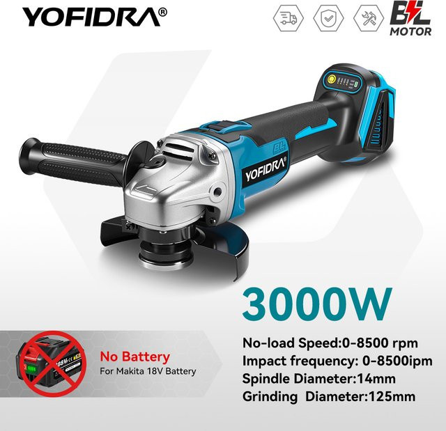YOFIDRA Bürstenloser Elektrischer Winkelschleifer 3000W 125mm Blau Kompatibel mit Makita LXT Akku zum Schleifen und Schneiden - Bild 1
