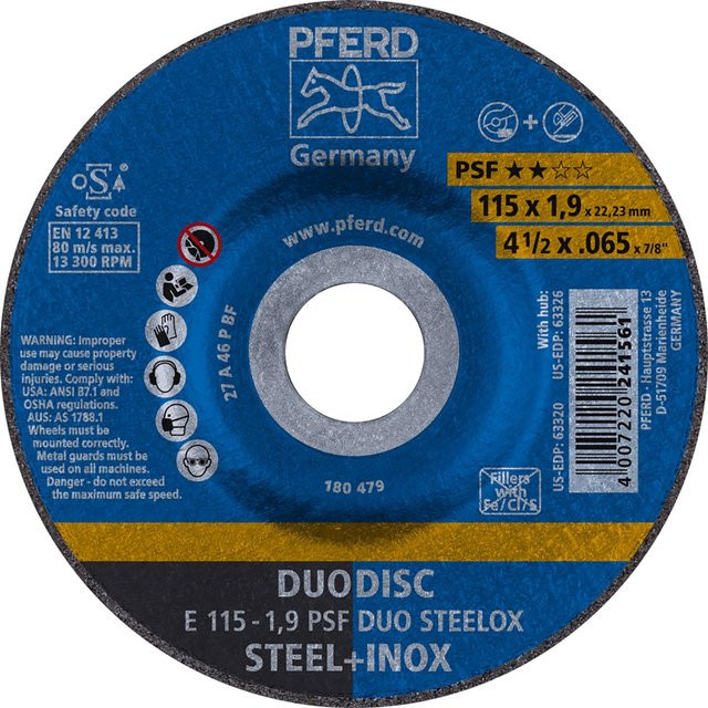 PFERD Trennscheibe PSF E Duo Steelox für Metall, Blau, Durchmesser: 115 mm, Dicke: 1,9 mm - Bild 1