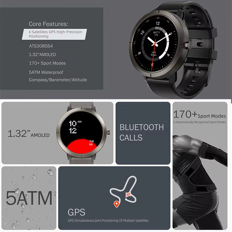 yaocx GPS Smartwatch mit AMOLED Display, Bluetooth Anruffunktion, 5ATM Wasserdicht, 170 Sportmodi und 360mAh Akku in Pink - Bild 2