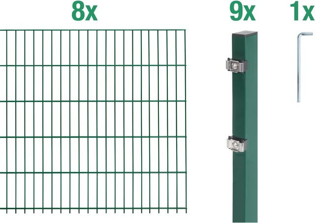 Metallzaun Grund-Set Doppelstabmatte aus Stahl, grün beschichtet, B/H: 2 x 1,2 m, Gesamtlänge: 8 m - Bild 1