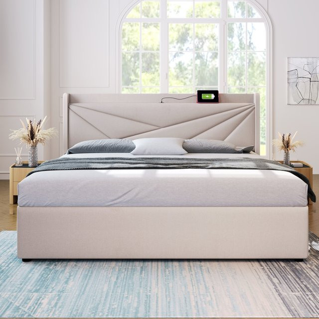 Aosom Doppelbett mit Stauraum und USB-C Ladefunktion in Beige, Modernes Leinenbettgestell mit Schubladen, B/T/H: 160 x 200 x 107 cm - Bild 1
