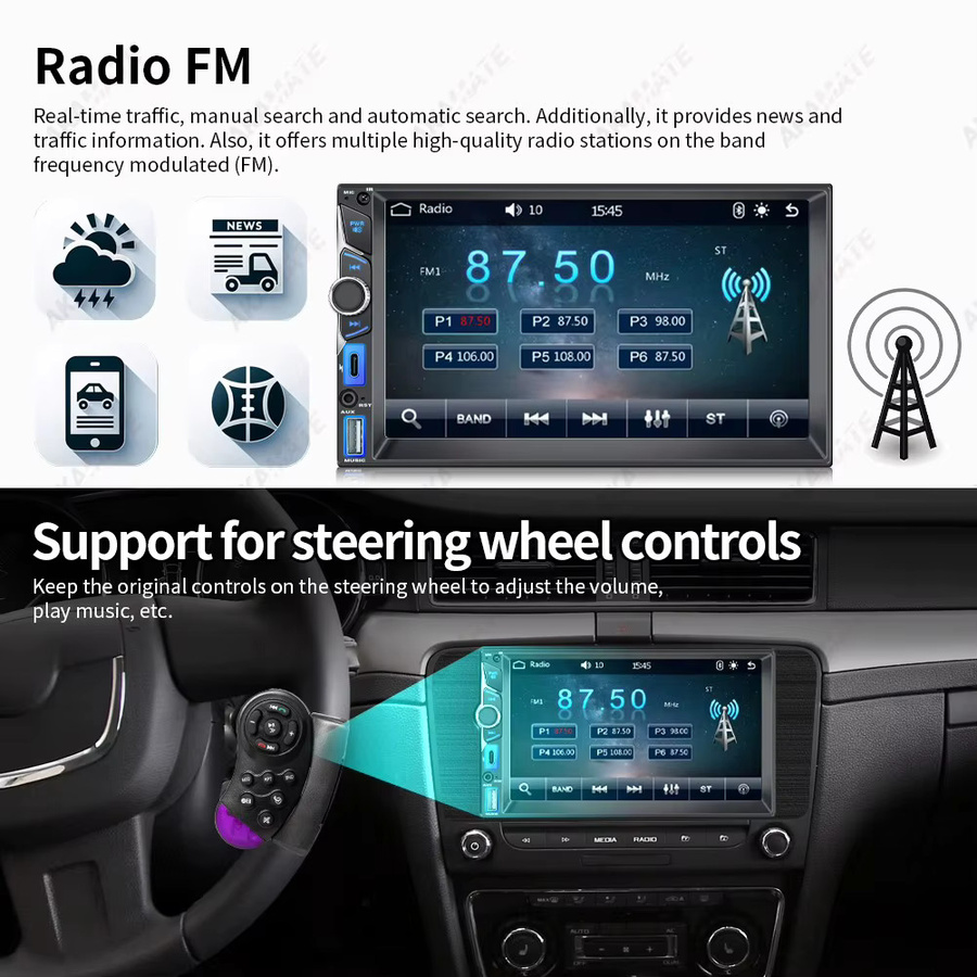 AKAMATE 7 Zoll Autoradio mit WinCE System, MP5-Player, Bluetooth, CarPlay und Android Auto, Schwarz - Bild 2