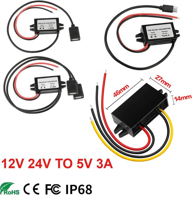 Waohei Wasserdichter DC-DC Step Down Konverter 12V 24V auf 5V 3A mit USB-A und USB-C Dual Anschluss in Schwarz - Bild 1