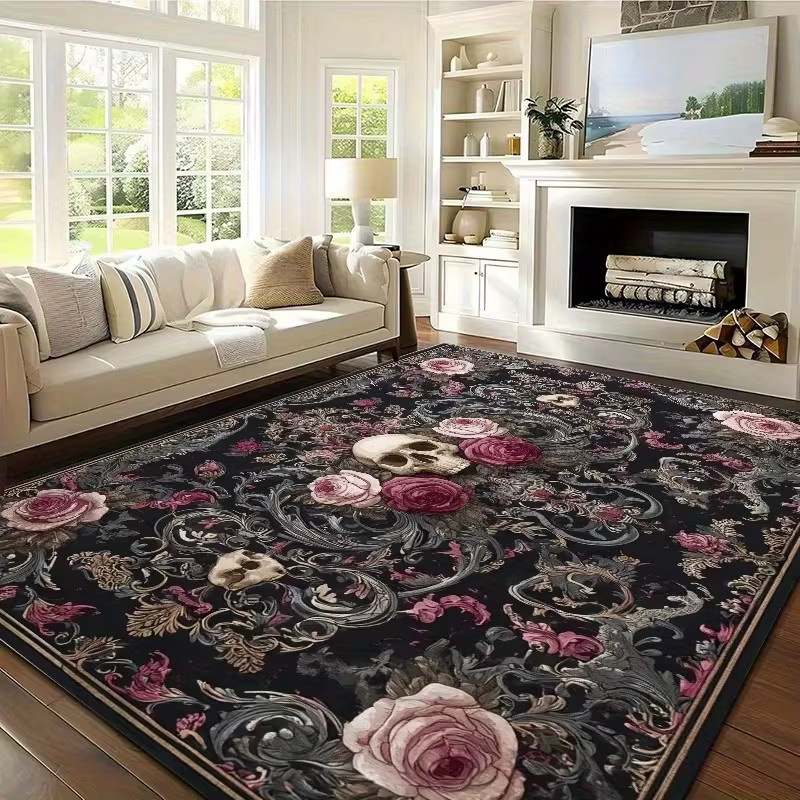 VIKAMA Teppich mit Totenkopf und Rosen im Dark Academia Vintage Design, rutschfest und waschbar, Multicolour, B: 120 cm, T: 80 cm - Bild 2