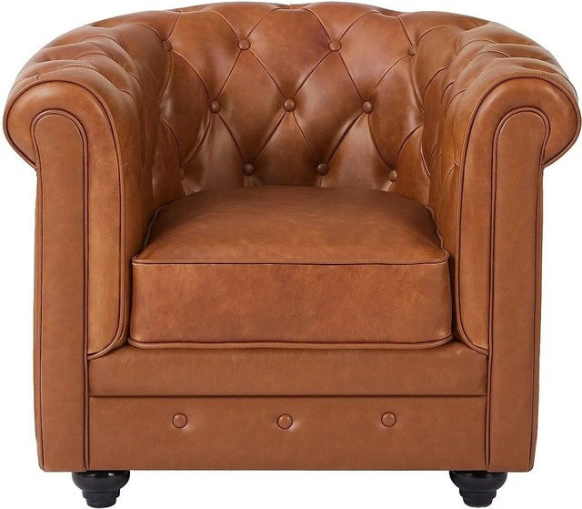 Vente-unique Chesterfield Sessel aus Rindsleder mit gerader Rückenlehne in Kamel und Braun, Höhe: 82 cm - Bild 1