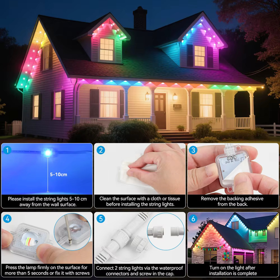 Arbrac RGB LED Traufenkette Icicle Lichterkette für Außenbereich, 15 m, 30 LED, Mehrfarbig - Bild 6