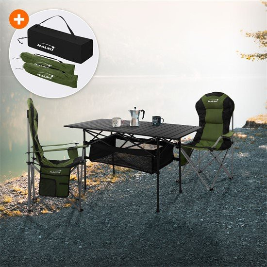 HAUKI Camping Set 3-teilig mit Klapptisch Schwarz und 2 Campingstühlen Khaki - Bild 1
