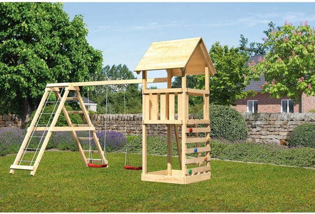 Karibu Spielturm Lotti mit Doppelschaukelklettergerüst und Kletterwand - Bild 1