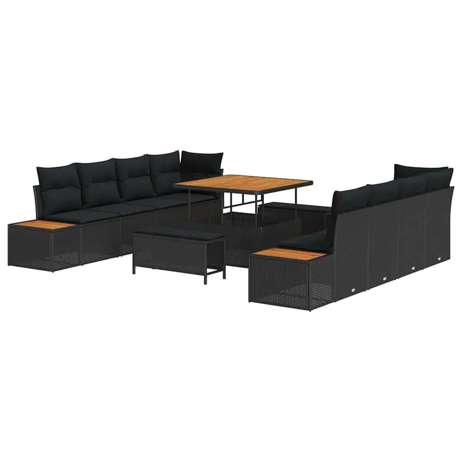 vidaXL Garten-Sofa-Set aus Poly-Rattan und Akazienholz in Schwarz mit 11-teiligem Polster-Set und Tisch - Bild 2
