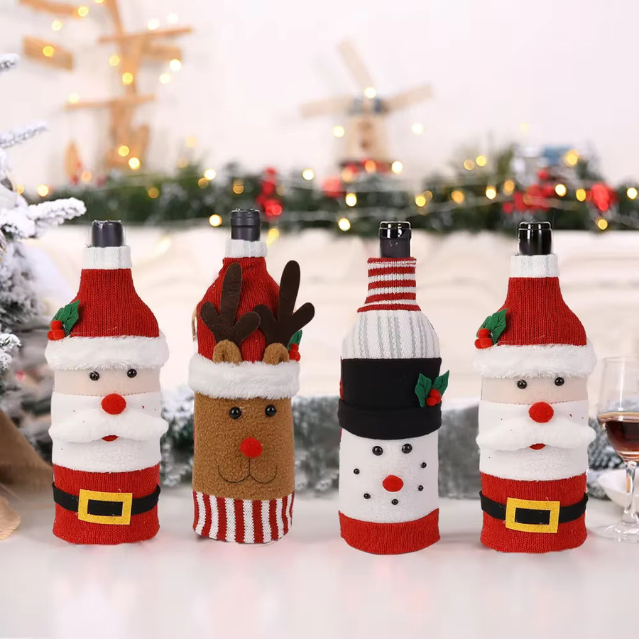 Weihnachten Wein Flaschenhüllen Set aus Textil mit Santa und Schneemann in Rot für Tischdekoration und Geschenke - Bild 2