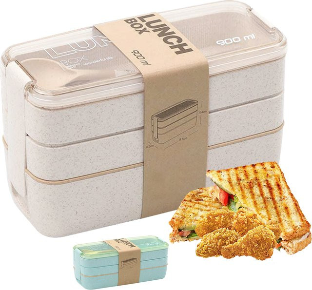 Willstar Tragbarer 3-lagiger Lunchbehälter aus Weizenstroh in Beige - Bild 1