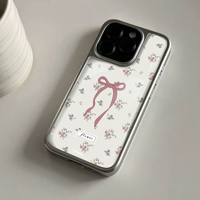 DecoPhone Stoßfeste Handyhülle mit rosa Blumendruck und silbernem Rand für iPhone 17, 16, 15, 14 Pro Max - Bild 1