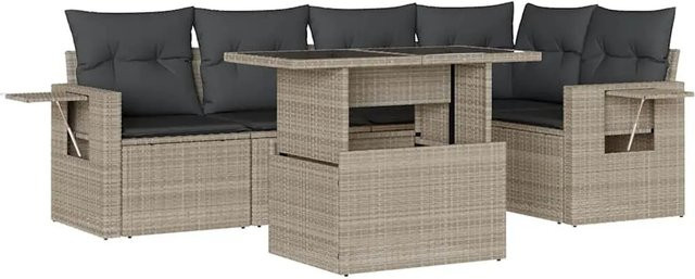vidaXL 6-teilige Garten-Sofagarnitur in L-Form aus PE-Rattan mit hellgrauen Kissen und pulverbeschichtetem Stahlgestell - Bild 1