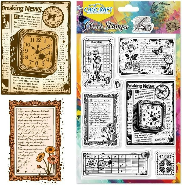 Transparente Stempel-Set mit Vintage-Motiven, Blumen und Retro-Buchstaben aus Kunststoff für dein DIY Scrapbooking - Bild 1
