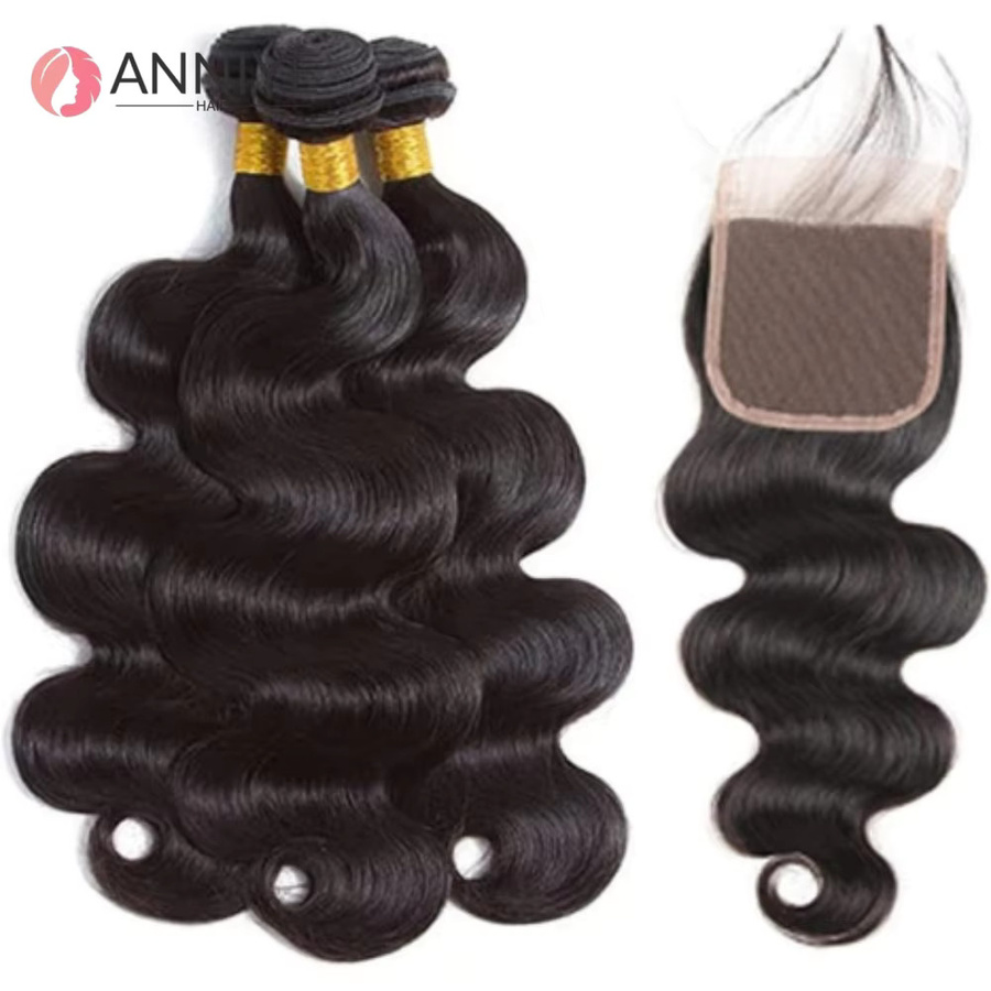 ANNIYE Body Wave Bundles Haarverlängerung, 3 Bundles mit 4x4 Lace Closure, Vietnamesisches Echthaar, Natürliche Farbe - Bild 2