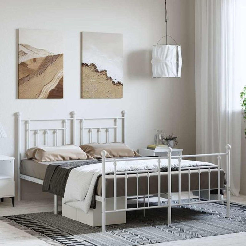 Vidaxl Metall-Bettgestell mit Kopfteil und Fußteil in Weiß, B/T/H: 150 x 200 cm - Bild 1