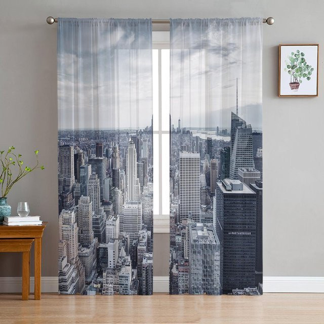 Grauer transparenter Voile-Vorhang mit New York City-Motiv für Wohnzimmer, Küche oder Schlafzimmer, Breite: 600 cm, Höhe: 250 cm - Bild 1