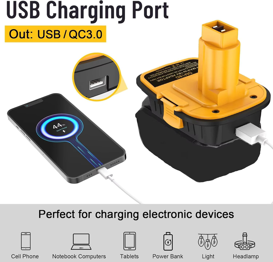 DM18D Akku-Adapter mit USB-Konvertierung für DeWalt 20 V und Milwaukee 18 V Li-Ionen-Akkus sowie DeWalt NiCad und NiMh Akku-Elektrowerkzeuge - Bild 2